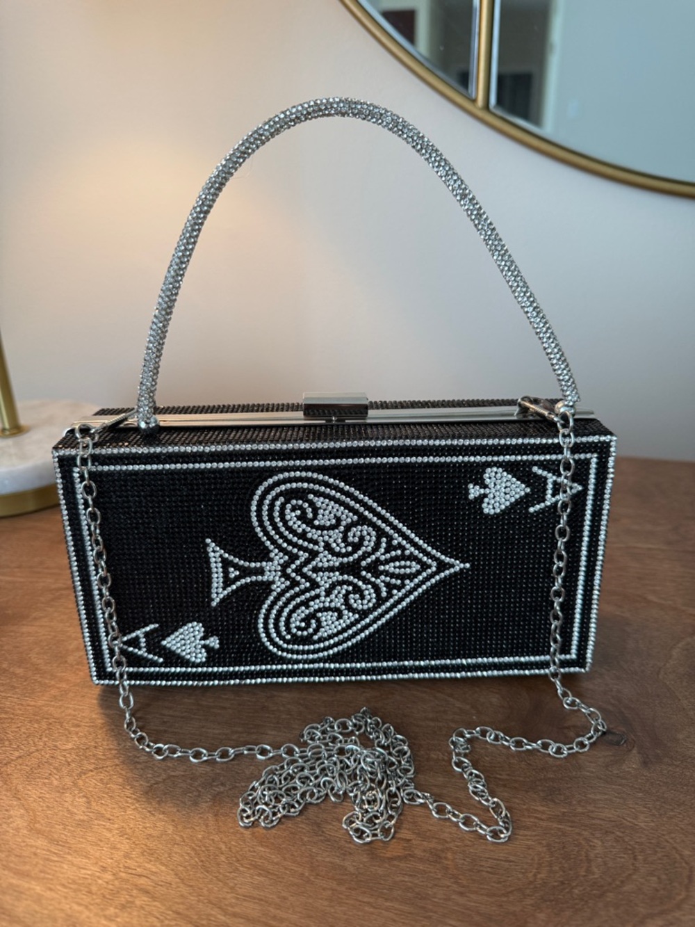 Black & Crystal Rhinestone Ace of Spade Evening Clutch w/Silver Detailing NWOT